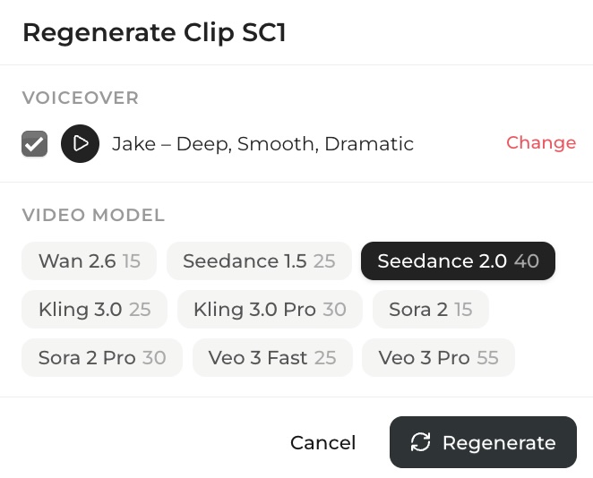 Selecting Seedance 2.0 from the video model picker in Kinova Studio